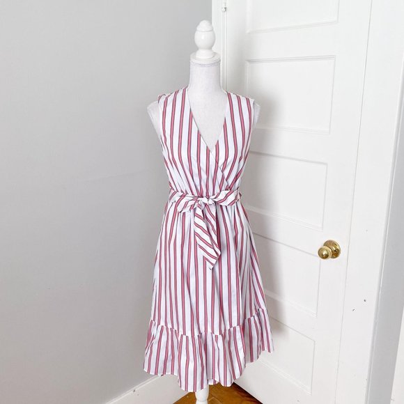 Draper James Dresses & Skirts - Draper James Size 2 Striped Full Wrap Flounce Tank Dress White & Pink Sleeveless